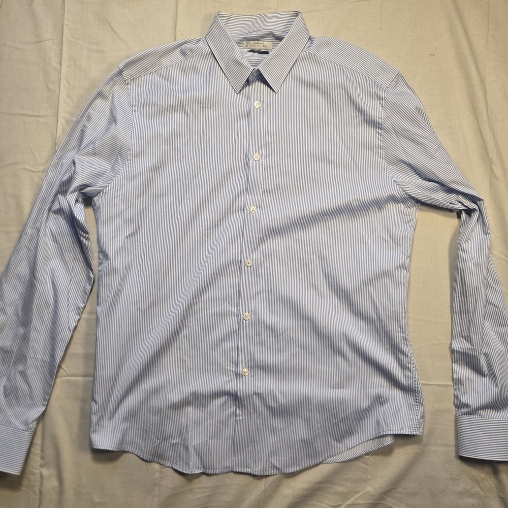 Versace Collection Trend Men Cotton Dress Shirt Blue White Stripe 17 1/2/44 L/XL